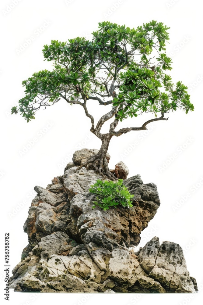 Poster a small tree growing on top of a rock. suitable for nature and environmental concepts