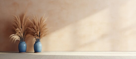 Obraz premium Two plantfilled vases are displayed on a wooden table in front of a hardwood wall. Dried flowers peek out, adding a fawn touch to the artful decor
