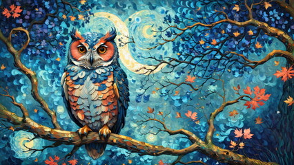 A captivating owl with bright eyes sits calmly on a branch amid a whimsical twilight forest painted with rich, dynamic hues and swirling patterns