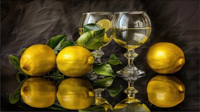a painting of lemons and a glass of wine on a black background with a reflection of the glass in the water.