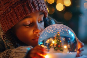 Fototapeta premium A little girl looking at a snow globe, perfect for winter themed designs