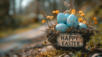 Nest with eggs and the inscription Happy Easter in the forest.