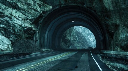 the depth and scale of the tunnel, utilizing leading lines to draw eye into the image and convey the sense of driving through the mountain. - obrazy, fototapety, plakaty