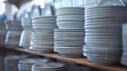 Plates stacked neatly on a shelf, suitable for kitchen or restaurant themes
