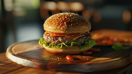 natural light or soft artificial light to enhance the details and textures of the hamburger and...