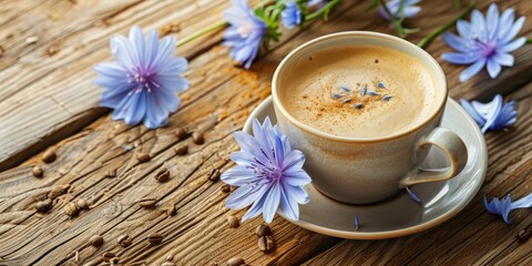 Chicory drink in a white mug with chicory flowers next to it on a board. Banner. Copy space - obrazy, fototapety, plakaty