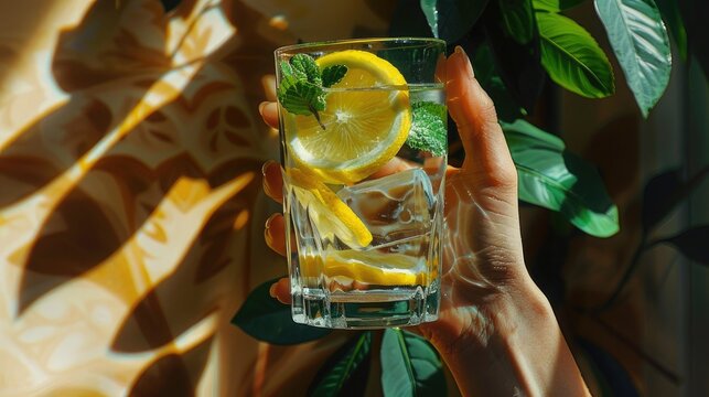 the female hand, the transparent glass, water, lemon slices, and mint leaves, ensuring clarity and sharpness to convey realism and depth in the image.