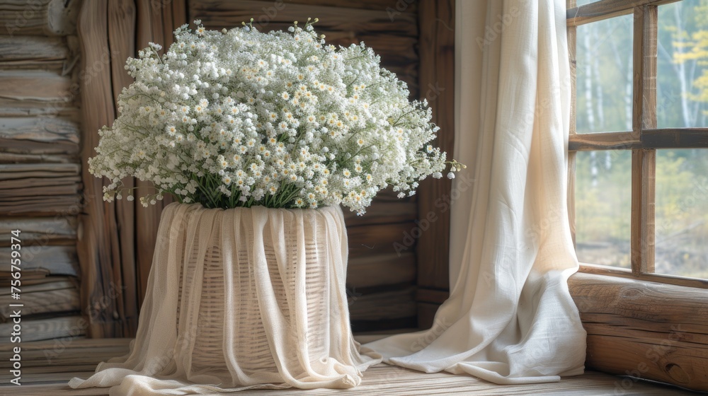 Sticker a vase filled with white flowers sitting on a window sill next to a window covered in white drapes.