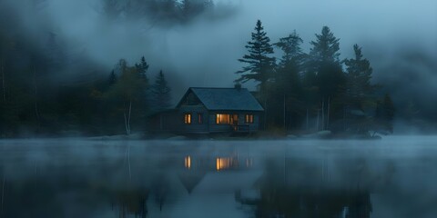 Eerie lakeside cabin at dusk surrounded by mist and mystery AI. Concept Lakeside Cabin, Dusk, Misty Surroundings, Eerie Atmosphere, Mystery