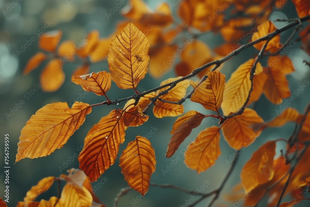 Poster close up of tree branch with yellow leaves, perfect for autumn concepts
