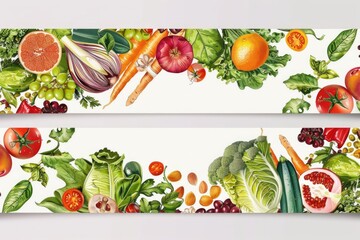 Two horizontal banners with a variety of fresh fruits and vegetables. Ideal for promoting healthy eating