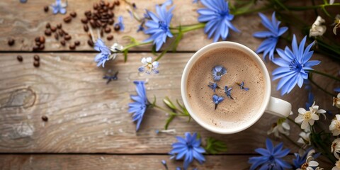 Healthy chicory drink in cup decorated chicory flowers. Herbal beverage, coffee substitute. Banner. Copy space. Top view - obrazy, fototapety, plakaty