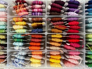 colorful threads for embroidery in a craft box