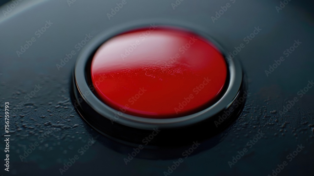 Poster A close up of a red button on a black surface. Suitable for technology and control concepts