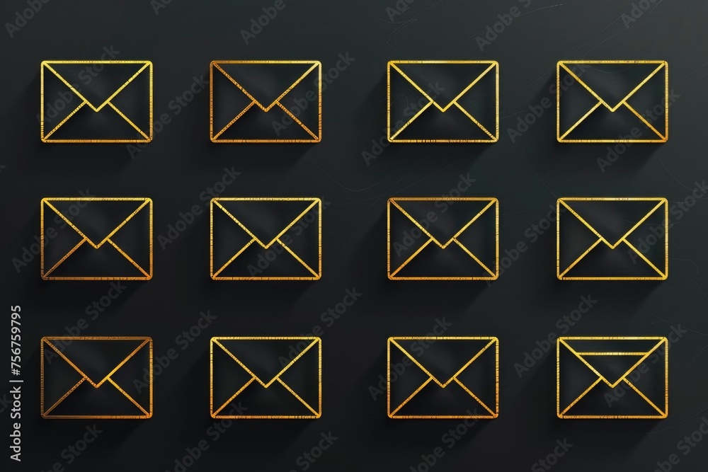 Poster a set of golden mail envelopes on a black background. ideal for business and communication concepts