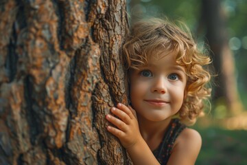 Curly-haired child hugs a tree, portraying innocence and hope for a sustainable future.