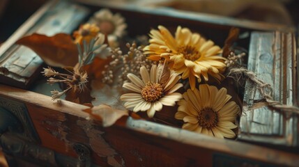 Naklejka na ściany i meble A wooden box filled with vibrant yellow flowers, perfect for adding a touch of color to any project