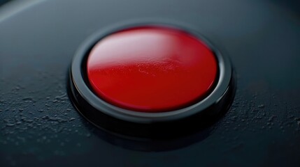 A close up of a red button on a black surface. Suitable for technology and control concepts