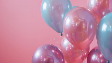 Vibrant pink and blue balloons on a soft pink background. Perfect for birthday celebrations