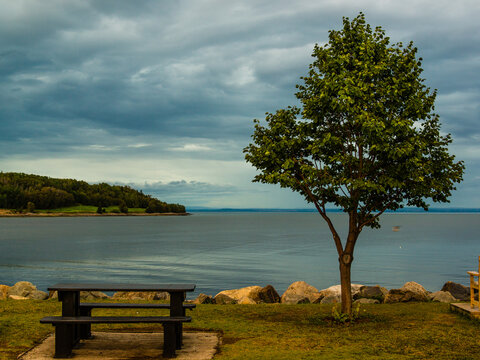 La Malbaie, Canada - August 17 2020: Stunning landscape view by the saint lawrence river in La Malbaie in Quebec