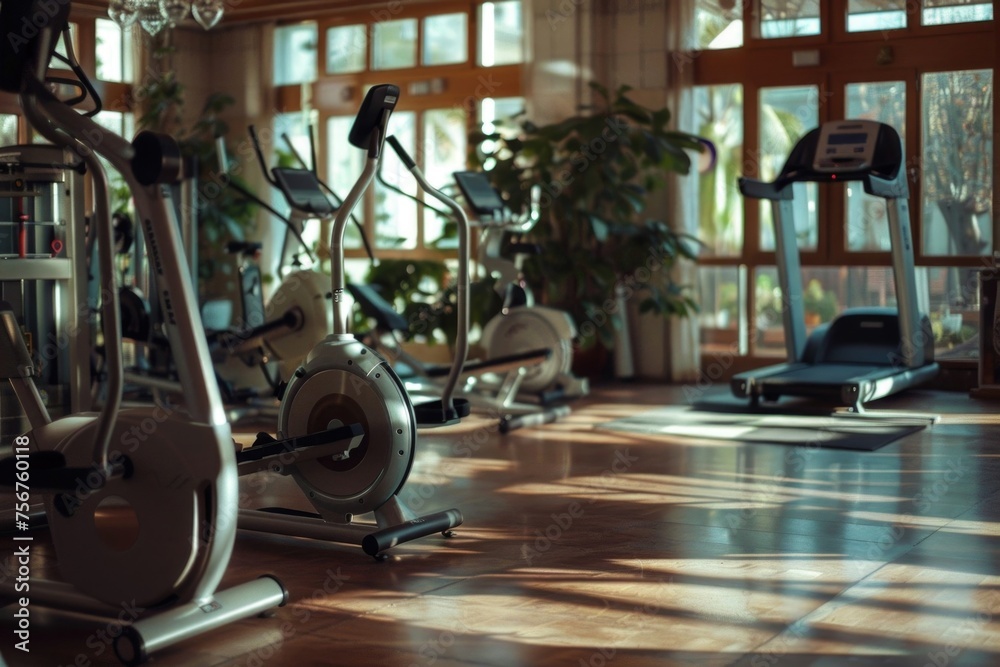 Poster row of stationary exercise bikes in a gym. ideal for fitness and health concepts