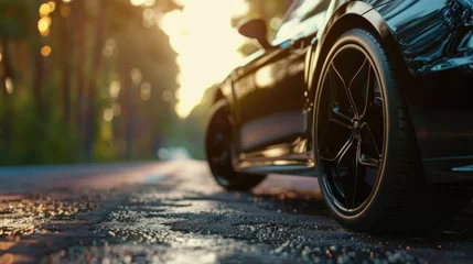 Foto op Aluminium Black car parked on wet road, suitable for automotive and transportation concepts © Fotograf