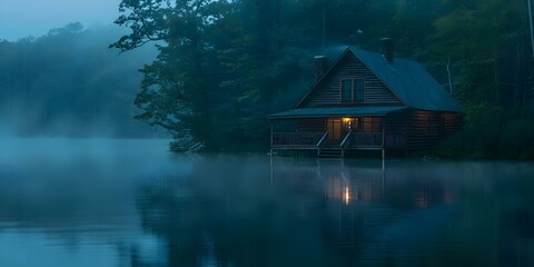 Mysterious lakeside cabin at dusk shrouded in mist. Concept Mysterious Setting, Lakeside Cabin, Dusk Atmosphere, Misty Scene