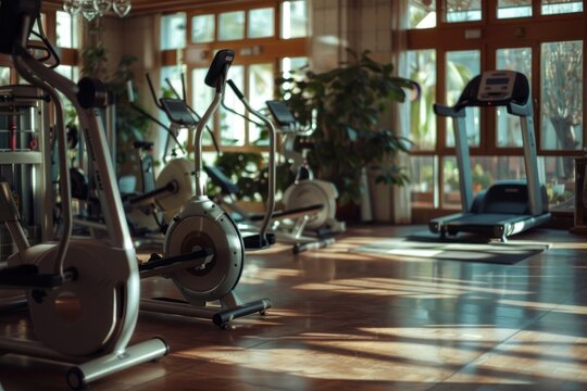 Row of stationary exercise bikes in a gym. Ideal for fitness and health concepts