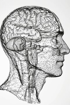 Detailed drawing of a man's head and brain, suitable for educational materials