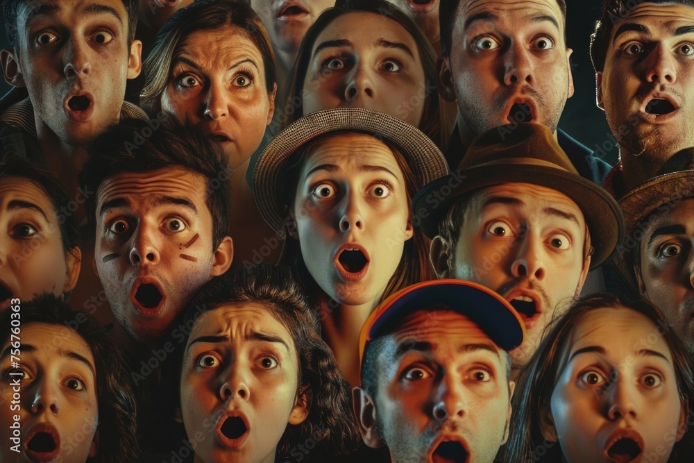 Poster A group of people with open mouths making silly expressions. Perfect for social media or advertising campaigns