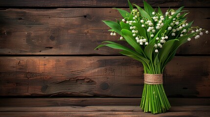 a bouquet of lily of the valley flowers in a vase on a wooden table with a wood planked wall in the background.