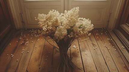 a vase filled with lots of white flowers on top of a wooden floor in front of a pair of windows.