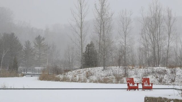 Toronto Don Valley Brick Works Park time lapse with frozen pond and hiking trals in winter snow