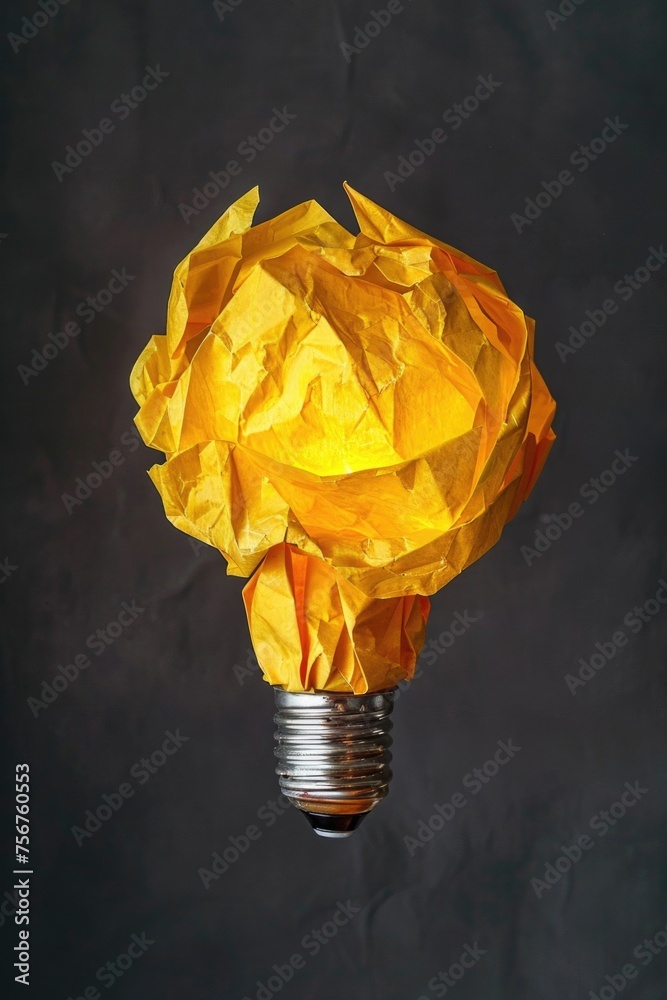 Aufkleber a crumpled yellow paper resting on a light bulb. useful for concepts of creativity and ideas