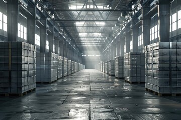 A large warehouse filled with metal boxes. Suitable for industrial and storage concepts