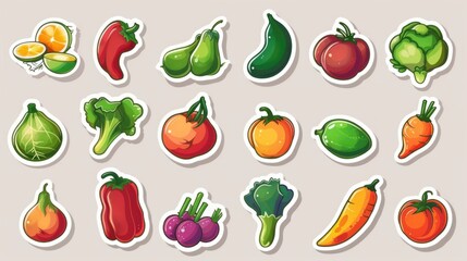 A collection of stickers featuring different types of vegetables. Ideal for food and nutrition related designs