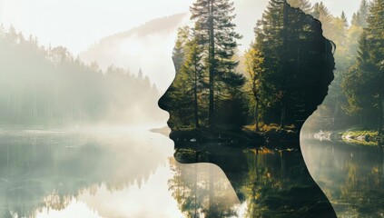 double exposure of human head silhouette and forest landscape with lake Generative AI