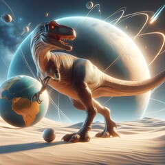 Cosmic Encounter with the T-Rex
Esta obra de arte surrealista captura la majestuosidad de un T-Rex realista en un paisaje desértico, bañado por la luz del sol. En el cielo, planetas flotantes y líneas - obrazy, fototapety, plakaty