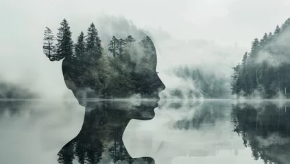 Outdoor-Kissen double exposure of human head silhouette and forest landscape with lake, foggy background Generative AI © SKIMP Art