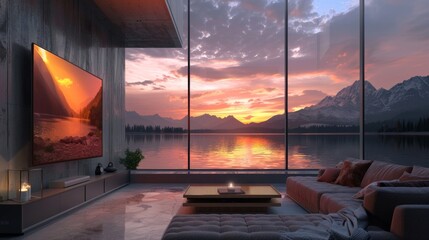 Luxurious living room at dusk with floor-to-ceiling windows overlooking a mountain lake