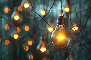 Light bulb hanging from a tree branch. Suitable for illustrating creativity or innovation concepts - obrazy, fototapety, plakaty