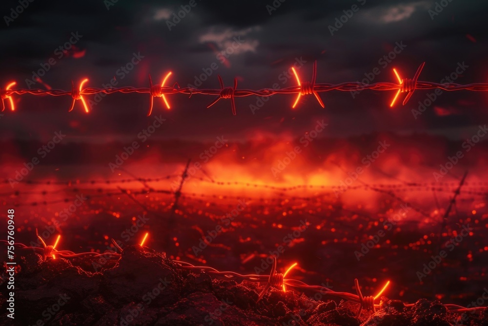 Poster Barbed wire fence illuminated with red lights, suitable for security concepts
