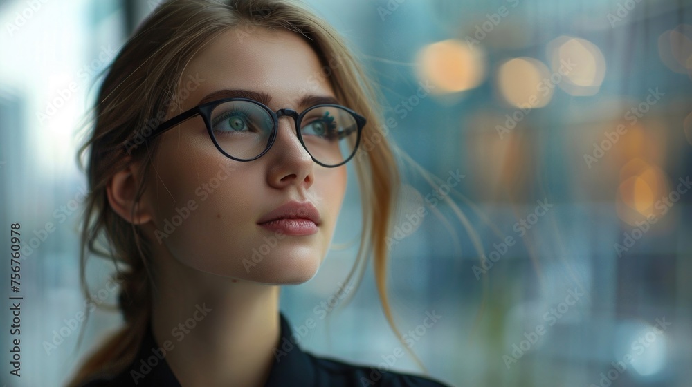 Poster A woman with glasses looking through a window. Suitable for various concepts