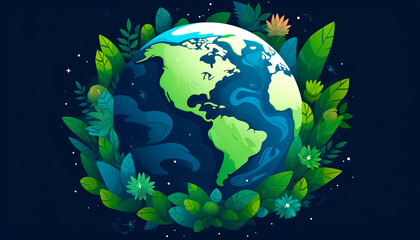 Obraz na płótnie Canvas Earth globe illustration on with plants copy space banner ecological earth day hour safe butterfly flowers environmental problems on blue background
