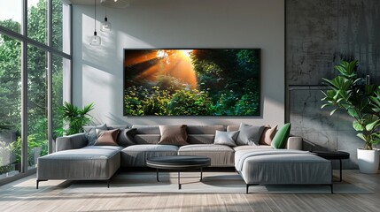 Modern living room with an HD smart TV showcasing nature
