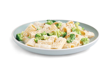 Fototapeta na wymiar Plate of tasty pasta with broccoli on white background