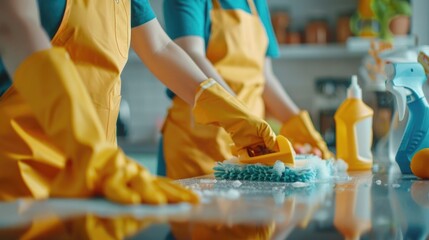 Two women in yellow aprons cleaning a counter. Ideal for household cleaning or commercial cleaning services promotions