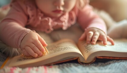  Unrecognizable 1-year-old girl learning to read