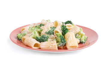 Plate of tasty pasta with broccoli on white background