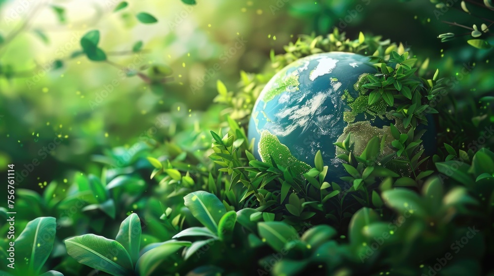Poster a green globe surrounded by lush plants and trees. ideal for environmental concepts